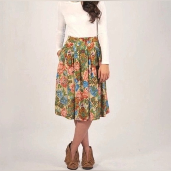 Postella Dresses & Skirts - Anthropologie Postella Silk Midi Skirt Floral Pleated Women’s Size M Pink Blue
